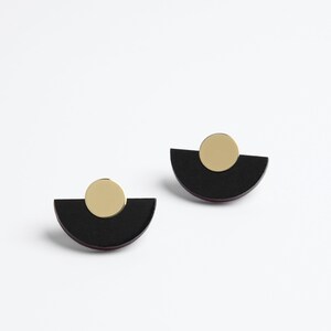 Black & Gold stud earrings, modern Art Deco wooden earrings, geometric semicircle studs, wood and brass jewellery, hand painted jewelry image 2