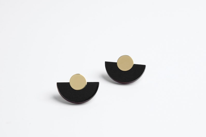 Black & Gold stud earrings, modern Art Deco wooden earrings, geometric semicircle studs, wood and brass jewellery, hand painted jewelry image 2