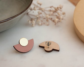 Powder mauve, dusty pink & Gold stud earrings, modern art deco wooden earrings, geometric semicircle studs, wooden jewellery, hand painted