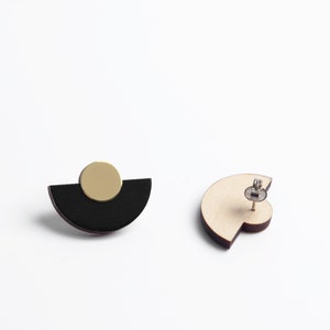 Black & Gold stud earrings, modern Art Deco wooden earrings, geometric semicircle studs, wood and brass jewellery, hand painted jewelry image 3