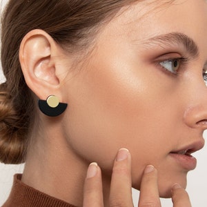 Black & Gold stud earrings, modern Art Deco wooden earrings, geometric semicircle studs, wood and brass jewellery, hand painted jewelry image 4
