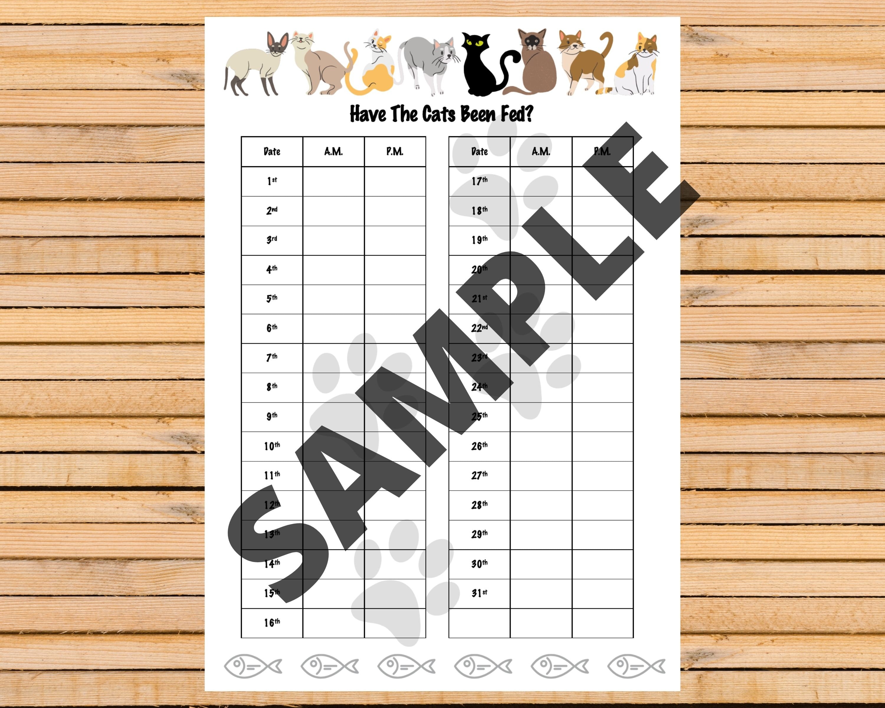Monthly Printable Cat Feeding Chart. Cat Food Schedule. Pet Food Schedule. Cat Food Reminder