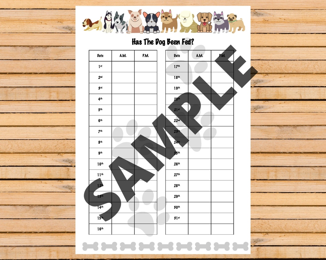 Monthly Printable Dog Feeding Chart. Dog Food Schedule. Pet Etsy