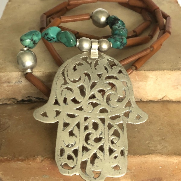 Kette antike Glasperlen  antiker  Hamsa Anhänger   Silberamulett   Fatima s Hand  Schutzsymbol