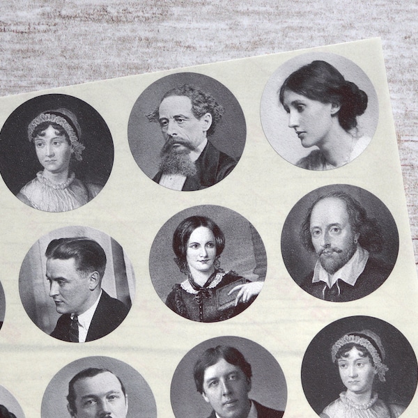 24 Classic Authors Stickers Vintage Illustrations Portrait People Round Envelope Seals 40mm Scrapbooking Collage Journal Textured Labels