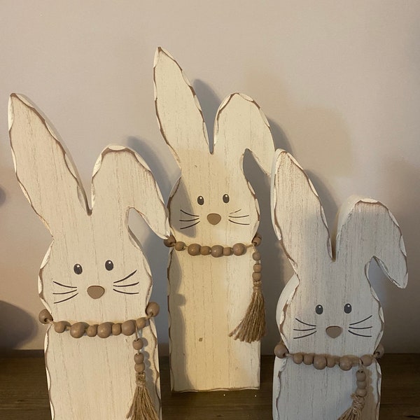 Bunny Wood Post Shelf Sitter with wooden Beads / Easter Decor / Entry Table / Mantle