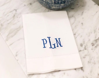 Monogram Linen Guest Towel- White Hemstitched Linen Embroidered Towel- Personalized Hostess Gift- Monogram Home Decor- Monogrammed Bar Towel