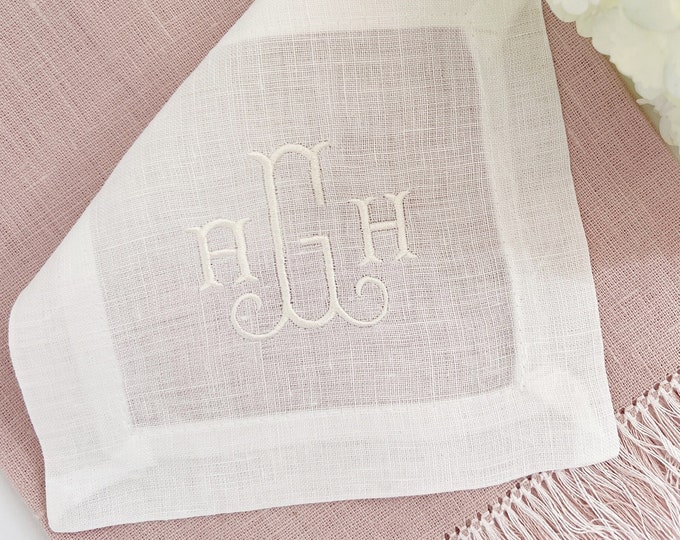 Monogrammed White Linen Cocktail Napkins | Custom, Embroidered Cocktail Napkin Set | Hostess Gift | Housewarming Gift | Wedding Gift