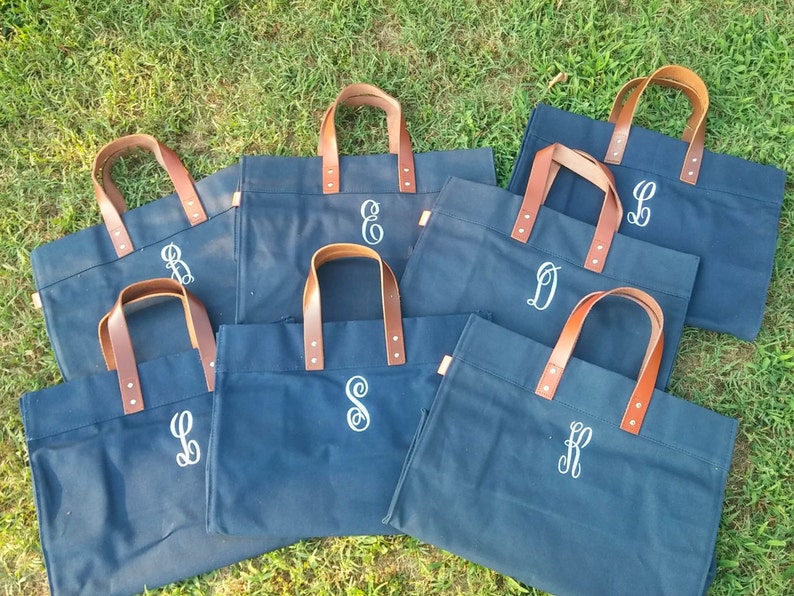 Monogrammed Personalized Navy Canvas Tote with Leather Handles Personalized Canvas Tote Bag Monogram Canvas Tote Bag