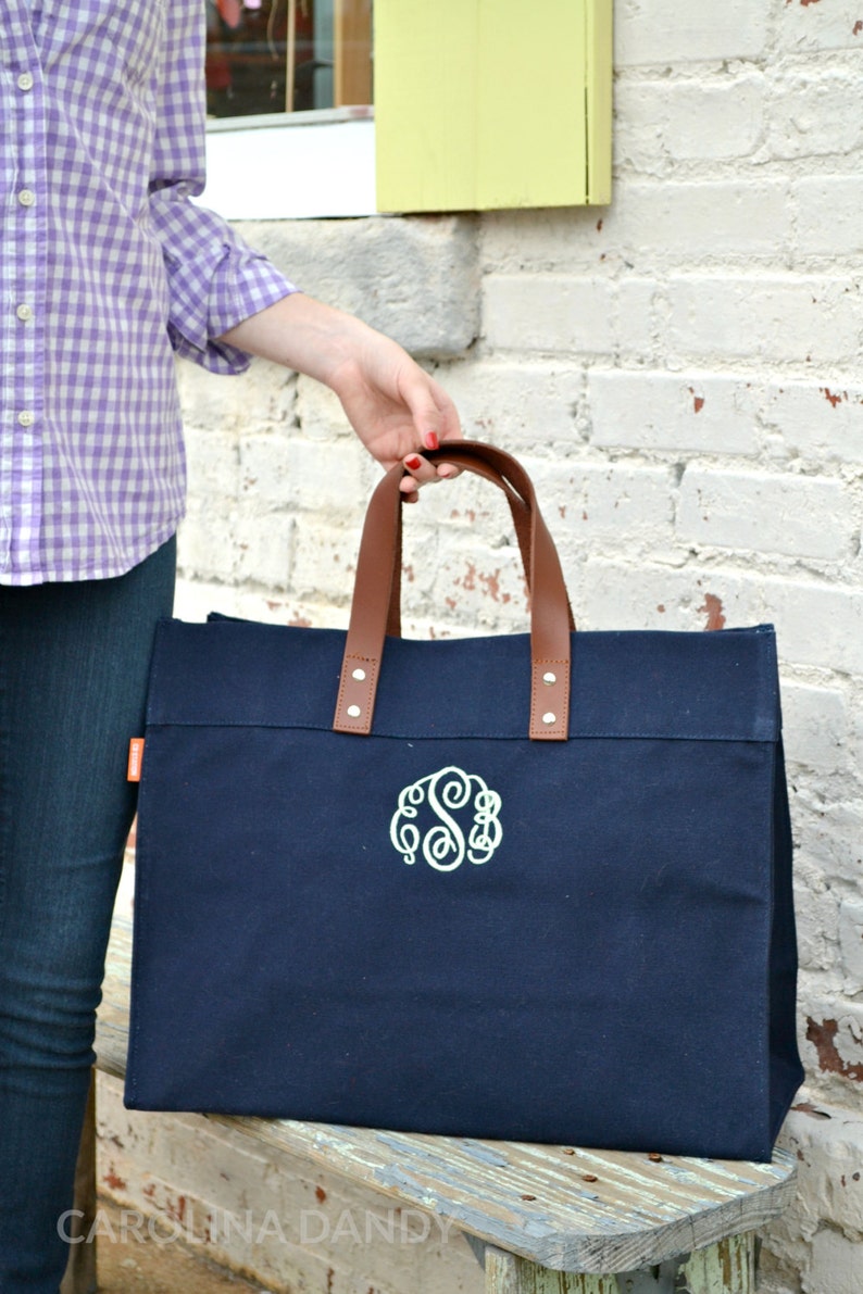 Monogrammed Personalized Navy Canvas Tote with Leather Handles Personalized Canvas Tote Bag Monogram Canvas Tote Bag