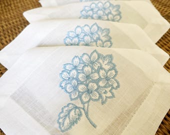 Blue Hydrangea Embroidered Linen Cocktail Napkins- Summer Entertaining and Hosting- Hydrangea Tabletop Decor- Cloth Embroidered Napkins