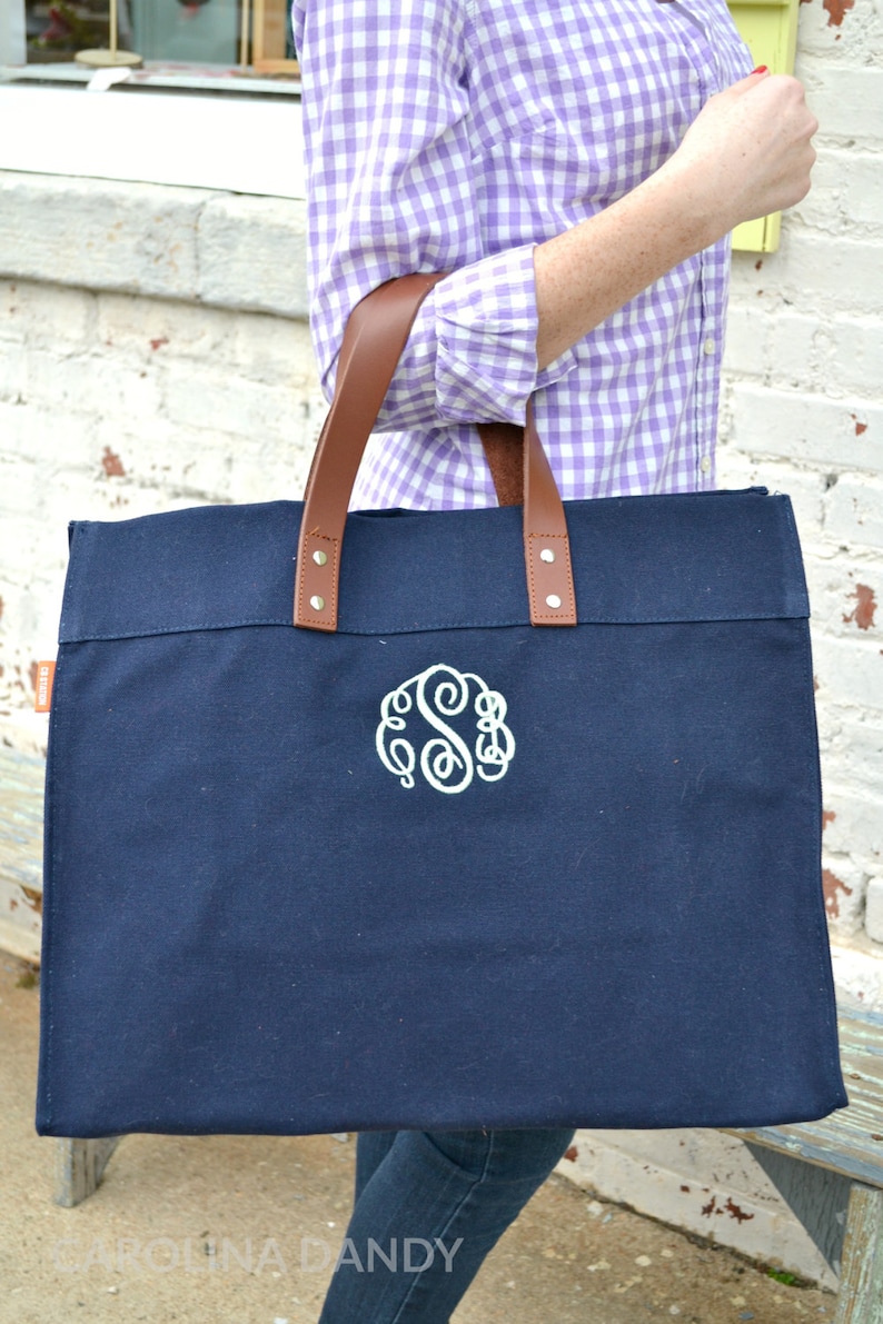 Monogrammed Personalized Navy Canvas Tote with Leather Handles Personalized Canvas Tote Bag Monogram Canvas Tote Bag