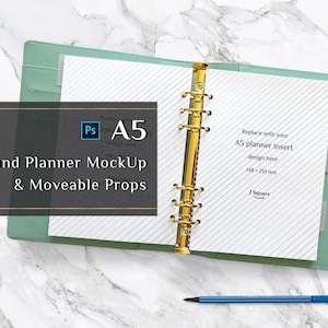 Inserções de planejador A5 MockUp e acessórios móveis, modelo de planejador com encadernação de argolas/inserções de fichário com argolas/modelo de papelaria - para Instagram, blogger