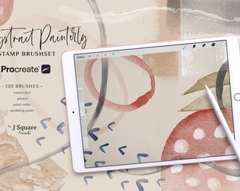May include: A digital tablet displaying a design created with 120 abstract painterly stamp brushes for Procreate. The brushes include watercolor, plaster, paint roller, and modeling paste effects.