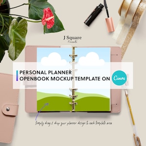 May include: A pink personal planner open to a page with a green landscape and white clouds. The text "PERSONAL PLANNER OPENBOOK MOCKUP TEMPLATE ON Canva" is visible on the page. The planner is on a white surface with a plant, a gold ribbon, and a pen.