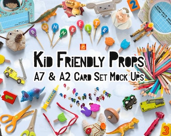 Download Free Kid Friendly Props & A7 + A2 Card Set MockUps - Card Templates, HERO, Showcase, Presentation, Scene Creator, Kids Scene Generator PSD Template
