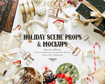 May include: A festive holiday scene with props and mockups, including gift boxes, ribbons, candy canes, and decorative elements. The image features the text "HOLIDAY SCENE PROPS & MOCKUPS" and other text. The scene is set on a white surface.