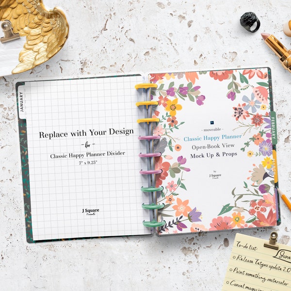 Happy Planner MockUp & Moveable Props, Classic Happy Planner Openbook View Mock Up- for Planner Stationery Designer, Instagram, blogger