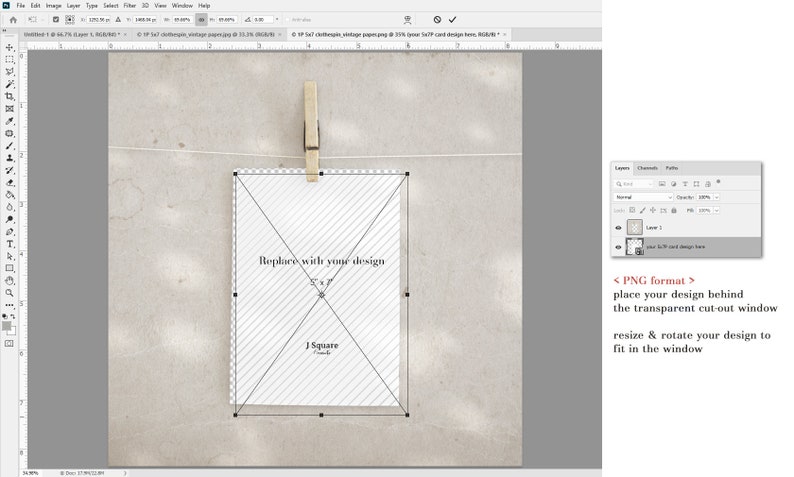 May include: A digital mockup template featuring a 5x7 inch rectangular card with a diagonal striped pattern and a central cut-out window. The card is suspended by a wooden clothespin on a thin string against a textured, light-colored background.