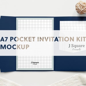 Zestaw zaproszeń kieszonkowych A7 Mockups, kieszeń na zaproszenie ślubne, mockup zestawu ślubnego, prezentacja projektu zaproszenia, miniatura produktu szablonu