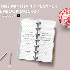 May include: A mockup of a skinny mini happy planner open book with a white background. The planner has a white cover with gray stripes and a silver ring binding. The text "Replace with your SKINNY MINI HAPPY PLANNER Insert Design here 2 1/2" x 7" J Square Presents" is printed on the cover.
