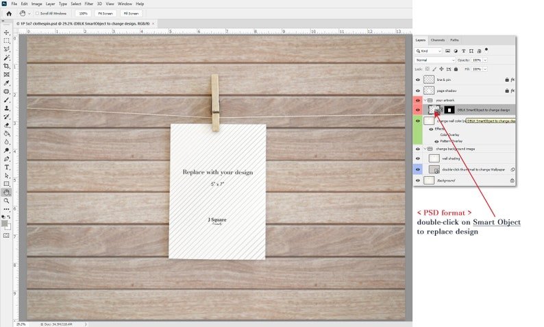 5x7 Card / Artwork Presentation Mock Up with Clothespins, A7 Portrait Layout Card Mockup on Clothes Line, Showcase, Hero, Invitation Display image 4