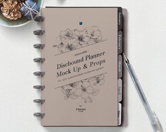 Planner MockUp & Moveable Props, Discbound Monthly Planner Folded Mockup/ Customizable Journal/ Stationery Mockup- for Instagram, blogger