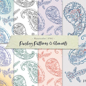 Watercolor Paisley 6 Patterns & 4 Cliparts/ Digital Scrapbook Paper/ Paisley Seamless Pattern + Elements/ Packaging, Textile, DIY Projects