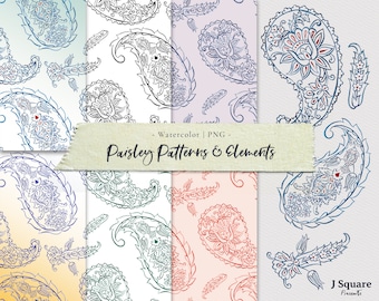 Watercolor Paisley 6 Patterns & 4 Cliparts/ Digital Scrapbook Paper/ Paisley Seamless Pattern + Elements/ Packaging, Textile, DIY Projects