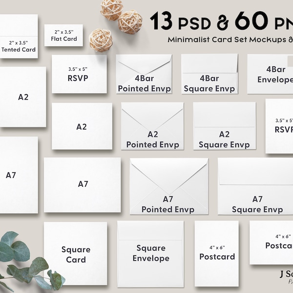 16 Flat Lay Invitation Card Set MockUps/ Minimalist Card Mockups/ PSD & PNG / A7, A2, RSVP, Square, Postcard, Place Card, Envelope, FavorTag