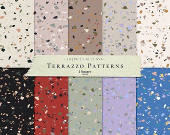 10 Modern Terrazzo Printable Scrapbook Paper/ Digital Terrazzo Seamless SVG Pattern/ Abstract Background, Wrapping Paper, Packaging Design