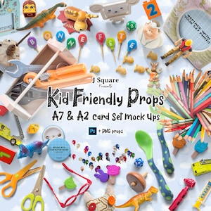 Kid Friendly Props & A7 + A2 Card Set MockUps - Card Templates, HERO, Showcase, Presentation, Scene Creator, Kids Scene Generator