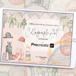 May include: A digital illustration of a tablet screen displaying a product listing for 135 printmaking stamp brushes for the Procreate app. The listing is titled "Collagraph Art Generator for Procreate" and is by J Square Presents.