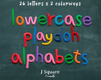 May include: A set of lowercase alphabet letters made from Play-Doh, in various colors, on a black chalkboard background. The text "26 letters x 2 colorways" and "J Square Presents" is also visible.