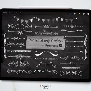 Puede incluir: Una pantalla de tableta digital que muestra un conjunto de 28 pinceles de sello divisor blanco para Procreate. Los pinceles están dibujados sobre un fondo negro e incluyen varios diseños como florales, geométricos y caprichosos.