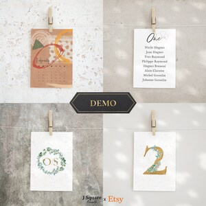 May include: Four rectangular paper cards hanging from wooden clips on a string. The cards feature a February calendar, a guest list titled One, a wreath with the initials O/S, and a large gold number 2. The center displays a black hexagon with DEMO.