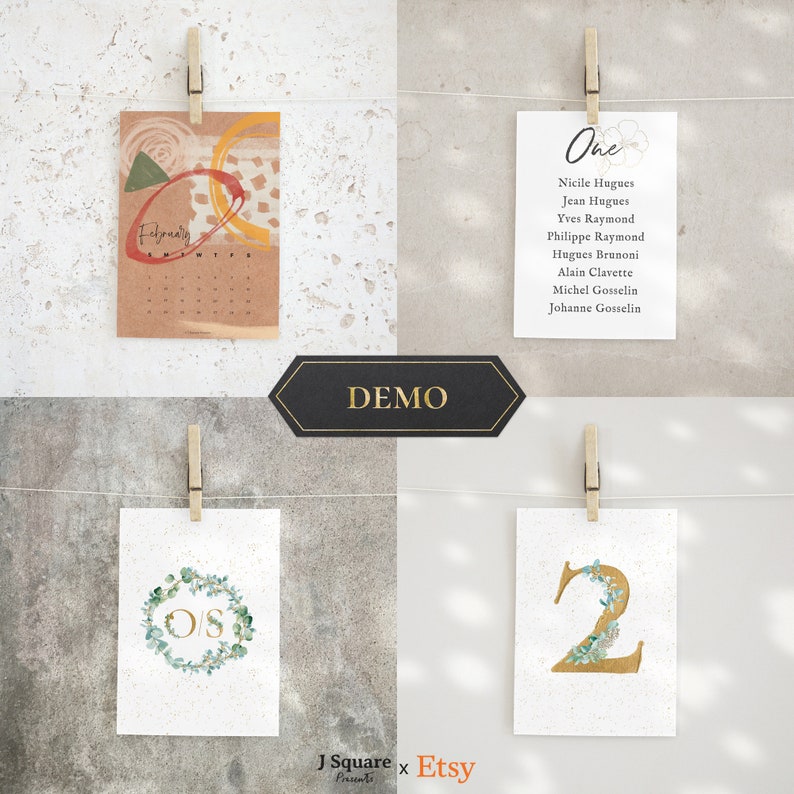 May include: Four rectangular paper cards hanging from wooden clips on a string. The cards feature a February calendar, a guest list titled One, a wreath with the initials O/S, and a large gold number 2. The center displays a black hexagon with DEMO.