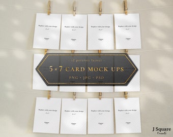5x7 Card / Artwork Presentation Mock Up on Clothes Line, A7 12 Portrait Cards Mockup with Clothespin, Showcase, Hero, Invitation Display