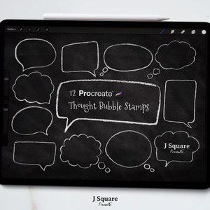 May include: A digital drawing on a black background of 12 white thought bubble stamps for Procreate. The text "12 Procreate Thought Bubble Stamps" is written in white on a white thought bubble. The text "J Square Presents" is written in white on a white thought bubble.