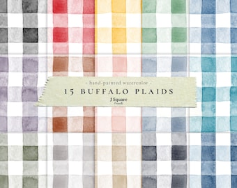 15 Buffalo Plaid Printable Scrapbook Paper/ Hand Painted Watercolor Plaid Seamless Pattern/ Blog Backgrounds, Wrapping Paper, DIY Projects