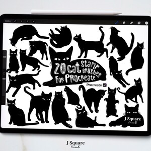 Pinceles para sellos de gato negro de Procreate, 20 sellos de gato de Procreate, conjunto de pinceles para sellos de gato de Procreate, dibujo digital, silueta de gato