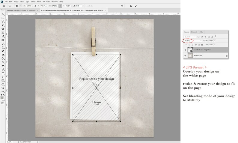 May include: A digital mockup template showing a white 5x7 card hanging from a string by a wooden clothespin. The card features a diagonal cross-hatch pattern with the text Replace with your design and J Square. The interface shows Adobe Photoshop.