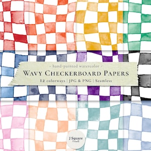 12 Watercolor Wavy Checker Printable Scrapbook Paper/ Checkerboard Seamless Pattern/ Checker, Gingham, Buffalo Check/ Wallpaper, Background