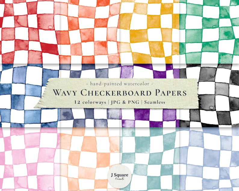 12 Watercolor Wavy Checker Printable Scrapbook Paper/ Checkerboard ...