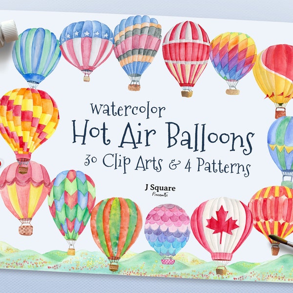 Watercolor Hot Air Balloon Clip Art & Pattern/ Nursery Clip Art/ Seamless Scrapbook Paper/ Birthday Invite/ Printable/ Decal/ Overlay