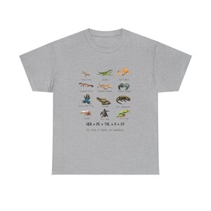 May include: A heather gray t-shirt featuring a colorful illustration of various reptiles and amphibians. The design includes images of lizards, frogs, and snakes, with the word "HERPETOLOGY" and the phrase "The study of reptiles and amphibians" printed below.