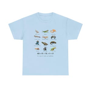 May include: Light blue t-shirt featuring a collection of reptile and amphibian illustrations. The shirt includes the word "HERPETOLOGY" and the phrase "The study of reptiles and amphibians."