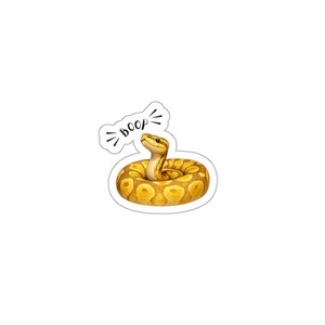 May include: A sticker depicting a coiled yellow and brown snake with its head raised. The snake is inside a white oval with the word "boop" in a speech bubble above it.