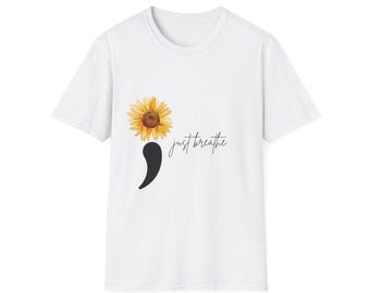 Inspirerend zonnebloem-T-shirt, Just Breathe-T-shirt, uniseks relaxed fit shirt, cadeau voor mindfulness, zelfverzorgingskleding, positieve vibes dragen