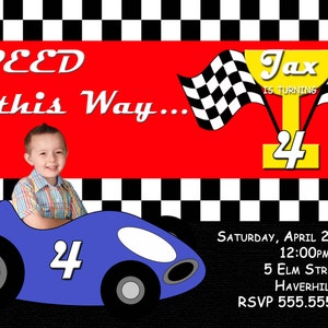 Cute Race Car Birthday invitation personalized with child's photo!  Invite can be for any age!